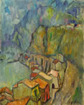 Paesaggio con case viste dall’alto, sd 1948, olio su tela, cm 50x40, Bologna, collezione privata